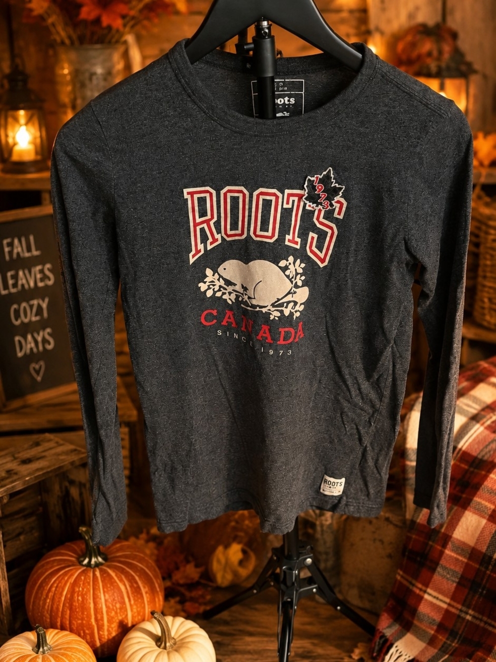 Roots Canada Women's S/P Small Petite Dark Gray Cooper Beaver Long Sleeve Tee